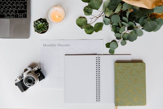 A well-organized home office with plants and personal items