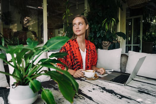 a calm workspace with plants and a coffee