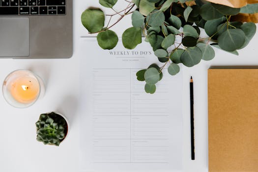 calm workspace with plants and a notebook